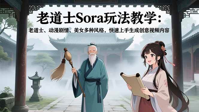 （16862期）老道士Sora玩法教学：老道士、动漫剧情、美女多种风格，快速上手生成创意视频内容-邪修侠数据中心
