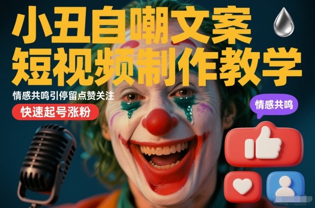 小丑自嘲文案短视频制作教学，情感共鸣引停留点赞关注，快速起号涨粉-邪修侠数据中心